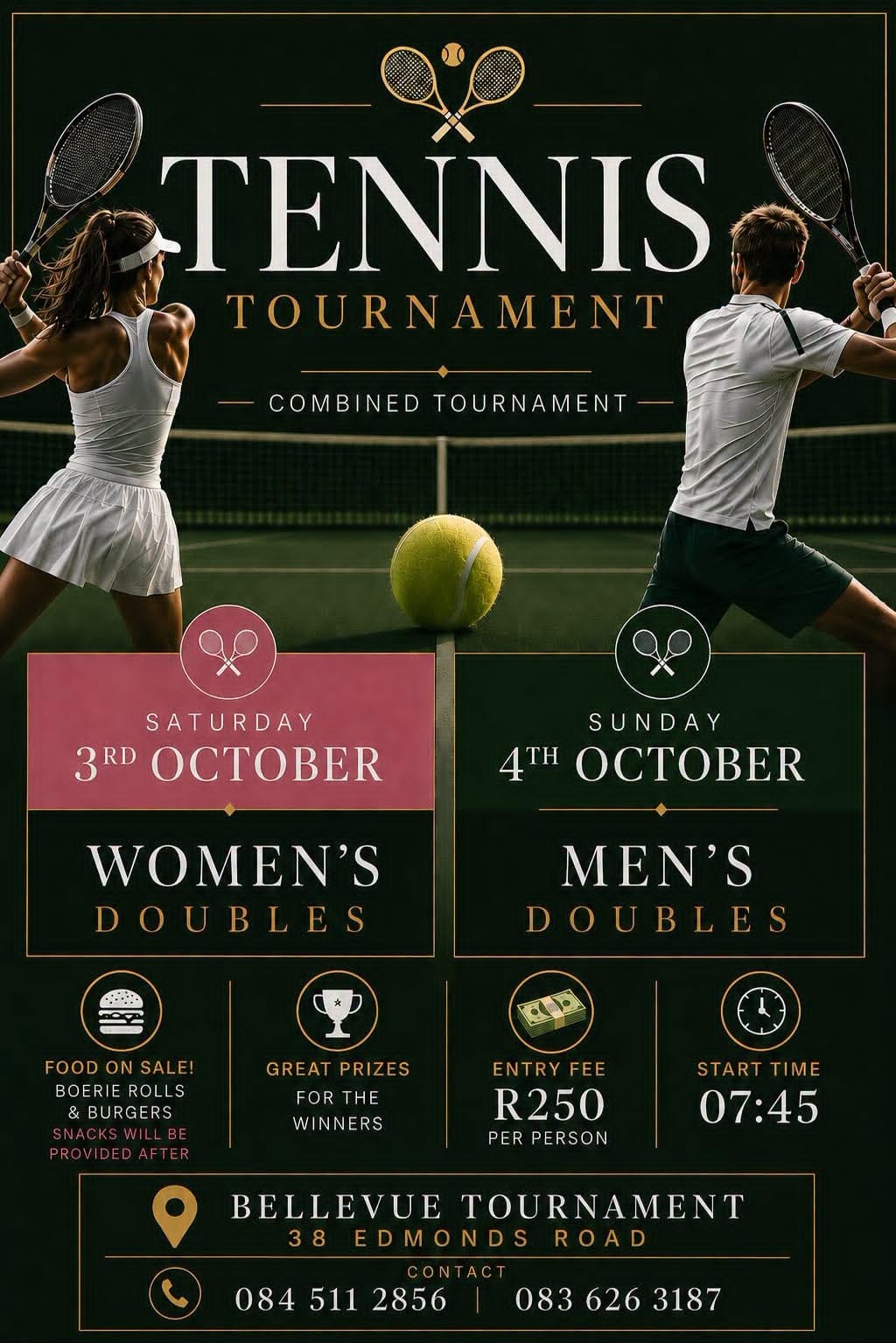 Bellevue combined tennis tournament flyer: women's doubles on Saturday 3 October and men's doubles on Sunday 4 October